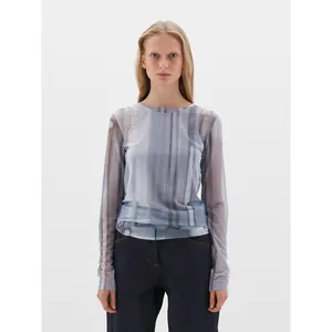 Women's light blue abstract print semi-sheer mesh long sleeve top with round neck