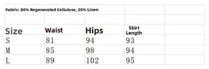 Size chart for women's long skirt showing waist and hip measurements in S, M, L sizes