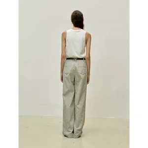 Minimalist white sleeveless vest and striped wide-leg trousers set with belt for women