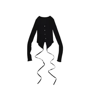 Slim fit black ribbed knit long sleeve cardigan with deep V-neck and lace-up front detail