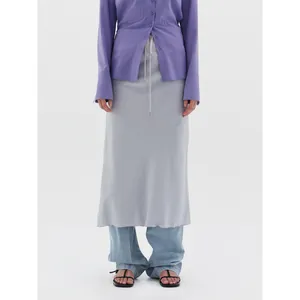 Women Korean Minimalist Maxi Skirt Drawstring High Waist Straight Skirt Regenerated Cellulose Hemp Blend Breathable Commuter Skirt