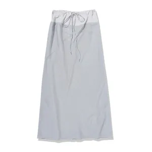 Light blue-grey midi straight skirt with adjustable drawstring waist and curved seams