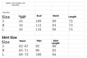 Detailed size chart for women's cotton skirt set including bust, waist, and length measurements