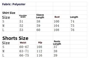 Size guide for geometric print shirt and shorts set with polyester fabric measurements