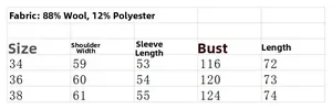 Size chart showing wool coat measurements and 88 percent wool fabric composition guide
