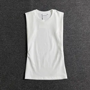Flat lay of a white crew neck sleeveless cotton T-shirt with inner size M label detail
