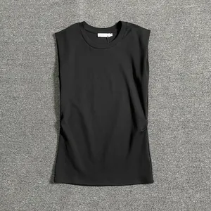 Detailed flat lay of a black crew neck sleeveless top with high-quality knit texture