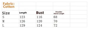 Size chart for women's long trench coat showing S, M, and L measurements in cotton fabric
