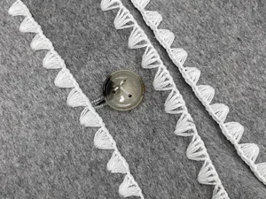 Close-up of grey wool coat texture with white scalloped stitching and dark button