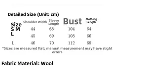 Detailed size chart for women's wool knit sweater including shoulder and chest measurements