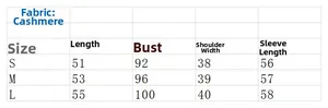 Size chart for long sleeve cashmere polo knit top with S, M, L dimensions and fabric info