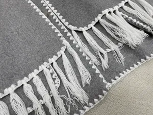 Macro detail of wool coat featuring white stitching, fringe tassels and brown button