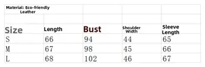 Detailed size chart for women's eco-leather shirt featuring length and chest dimensions