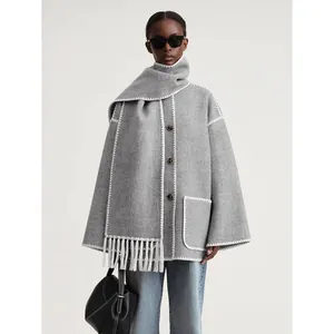 Women's Wool Blend Scarf Jacket Outerwear With Blanket Stitch Tassel Fringe Loose Fit Single Breasted Woolen Coat Top