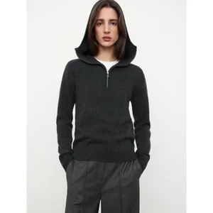 Nordic Minimalist Women Wool Hooded Sweater Half Zip Long Sleeve Knit Pullover Top Solid Color Dark Gray Winter Warm Knitwear