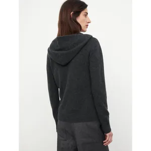 Minimalist dark grey hooded knit sweater with half-zip and ribbed cuffs for women
