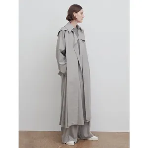 Trench-coat en Laine Minimaliste Femme Long à Capuche Amovible Gris Couleur Unie Pardessus Large Automne Hiver Top