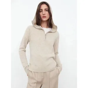 Minimalist oatmeal half-zip hooded knit sweater for women in premium soft fabric