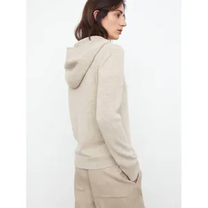 Minimalist beige hooded knit sweater with a sleek zip and premium wool texture finish