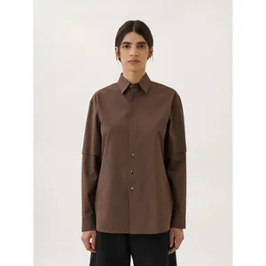 Camicia da Donna in Cotone a Maniche Lunghe Minimalista Rever Monopetto Blusa Tinta Unita Marrone Caffè Casual Ufficio
