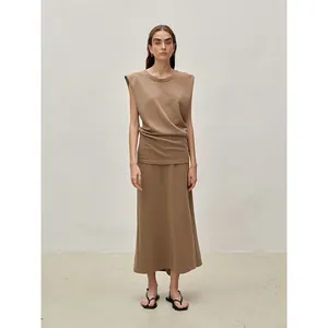 Nordic Minimalist Cotton Blend Sleeveless Shoulder Pad Top And High Waist Long Skirt For Women Office Casual Co-ords