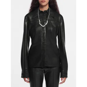 Women PU Leather Long Sleeve Shirt Button Down Lapel Solid Color Commuting Style Elegant Top For Daily Office Work Wear
