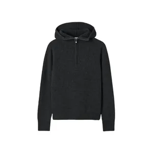 Minimalist charcoal grey knit hoodie sweater with half-zip closure and ribbed cuffs for women