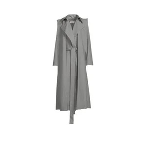 Trench-coat long à capuche gris minimaliste avec design drapé et ceinture amovible femme