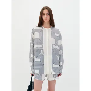 Women's Korean Style Geometric Maze Print Long Sleeve Shirt and Matching Shorts Polyester Commuter Casual Top and Bottoms