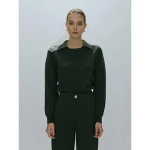 Deep green women's polo neck knit sweater with lace accents and cozy cashmere texture