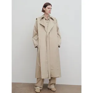Minimalist Khaki Long Trench Coat For Women With Detachable Hood Belt Cotton Blend Windproof Casual Outerwear Jacket