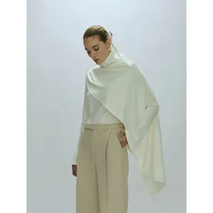 Women Minimalist Cotton Blend Asymmetric Layered T-Shirt High Neck Flare Long Sleeve Slimming Top For Daily Casual Office
