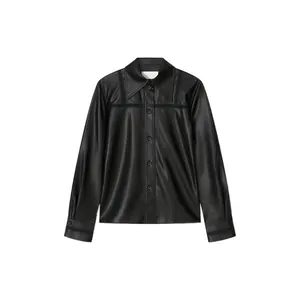 Women's black PU leather long sleeve shirt with lapel and decorative zigzag stitching