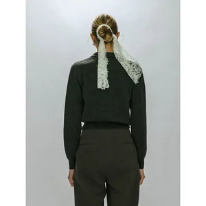 Elegant dark grey POLO neck cashmere knit sweater with matching trousers and lace hairband