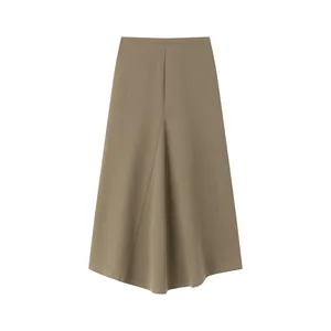 Minimalist khaki high-waist A-line skirt with elegant pleated hem for women
