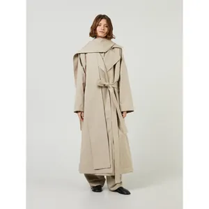 Minimalist khaki long trench coat with detachable hood and waist belt for women