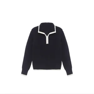 Navy blue loose knit sweater with white contrast trim and elegant polo collar for women
