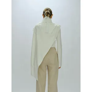 White long sleeve top set with asymmetrical hem and lace collar for elegant women