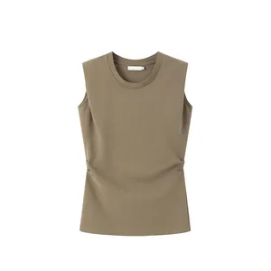 Olive green padded shoulder sleeveless top with round neck and pleated waist details