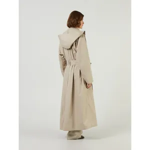 Minimalist beige hooded trench coat for women with stylish back pleat and belted waist