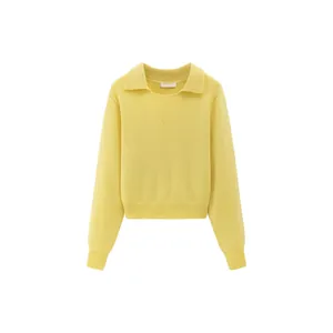 Minimalist yellow long-sleeved polo knit sweater with V-neck collar and ribbed cuffs