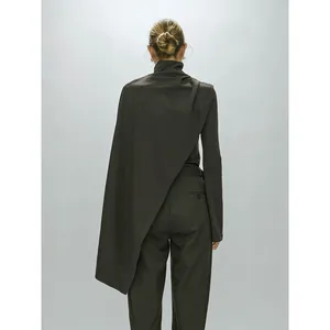 Women's dark gray two-piece set featuring a high-neck top and asymmetrical shawl detail
