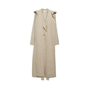 Minimalist khaki long hooded trench coat with detachable hood and waist belt for women