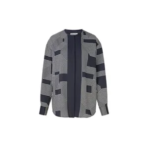 Women's dark blue geometric print long sleeve shirt with modern minimalist design