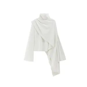 Minimalist white high-neck long-sleeve top with asymmetric pleated drape design