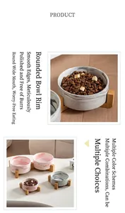 Detail of marble pattern ceramic pet bowl with smooth edges and natural wood stand