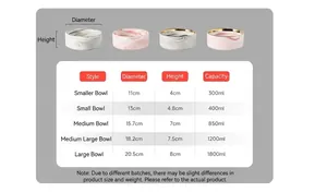 Size chart showing dimensions and capacity for marble ceramic pet bowls with wood stand