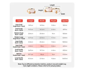 Size chart showing ceramic pet bowls dimensions and capacity from 300ml to 3600ml