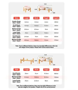 Detailed size chart for ceramic pet bowls with wooden stands in various capacities
