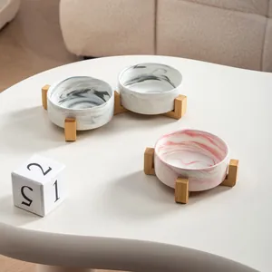 Gamelles en céramique motif marbre avec support en bois surélevé pour le cou du chat